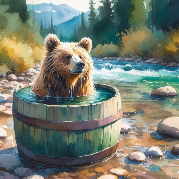a watercolor of a bear in a barrel on the side of creek as if it were being baptised in colors of sa 1